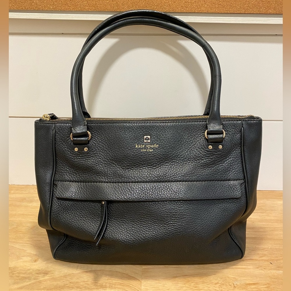 Kate Spade Black Cross Grain Leather Multi zipper Black Handbag Tote Purse